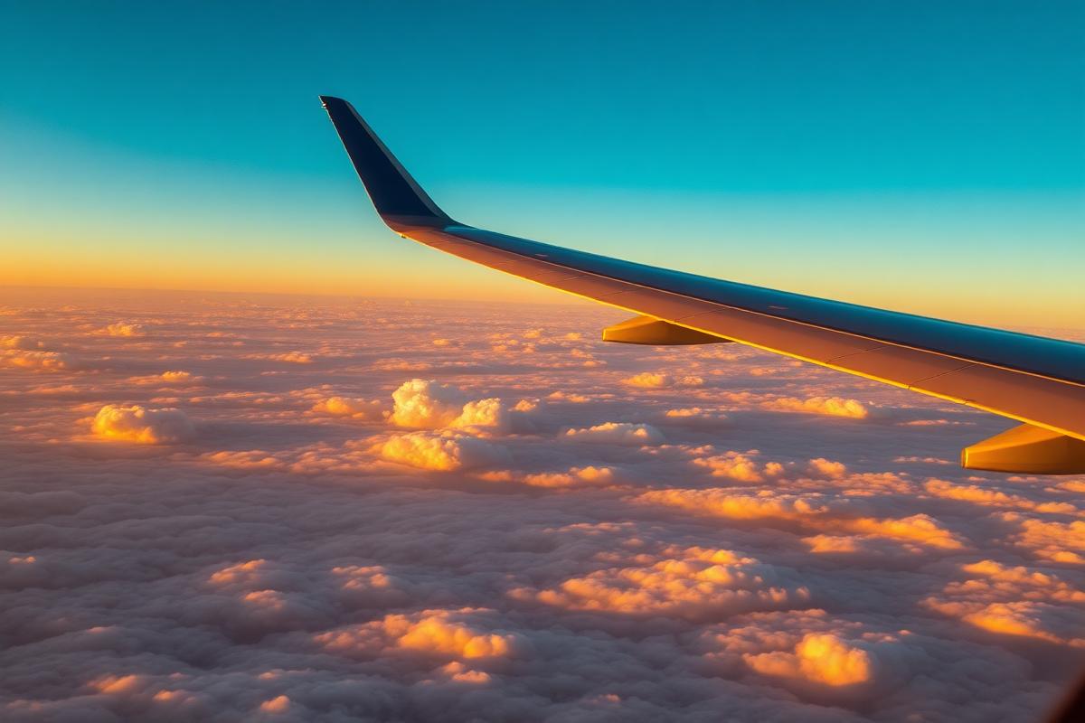 Aircraft wing above golden clouds representing Al-Quddus Aviation travel services